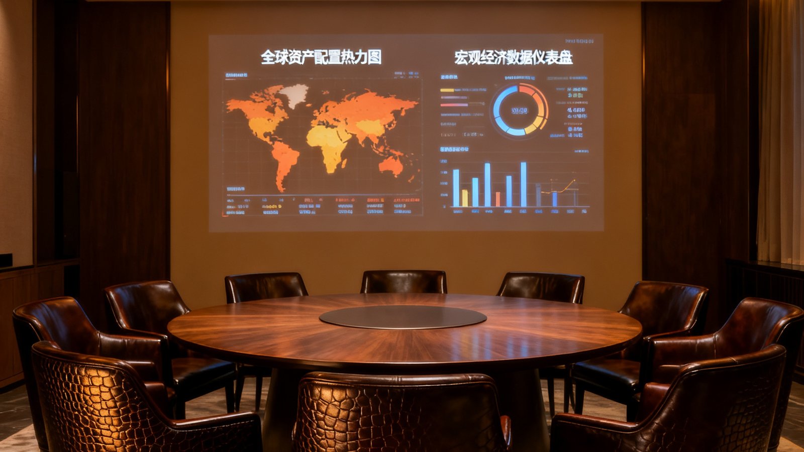 私密财富沙龙现场，圆形会议桌旁环绕深色皮椅，墙面投影展示全球资产配置热力图与宏观经济数据仪表盘