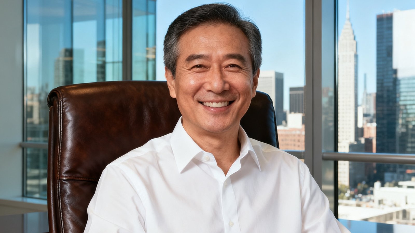 一位中年男士穿白衬衫面带微笑坐在办公室皮椅上，身后是落地玻璃窗和城市景观